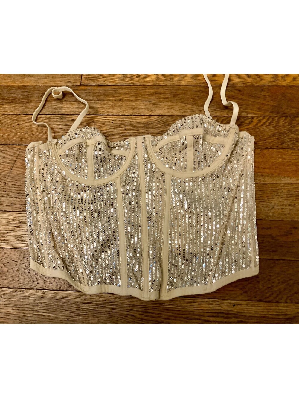 Out From Under Urban Outfitters Womens S Ivory Silver Sequin Mesh Corset Bustier
